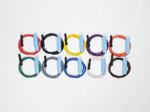 Ten subdermal EEG needle electrodes with baby blue protective sheath over needle with red, black, yellow, purple, orange, green, gray, blue, white, and brown lead-wires