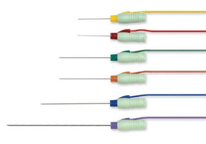 DIN Series of all available needle lengths and lead-wire colors (yellow, red, green, orange, blue, purple)