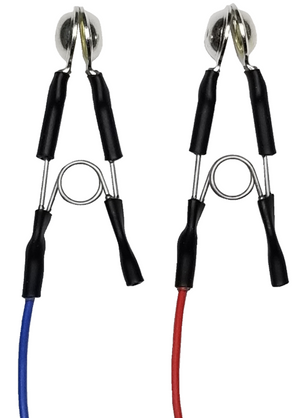Silver ear clip electrodes in blue and red