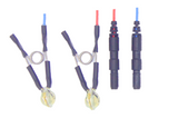 EAR Series: Premium Ear Clip Electrodes, Silver- or Gold-Plated Silver ear clip electrodes in blue and red with touch proof safety socket