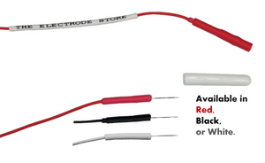 Needle electrode uncoated with red, black, or white lead-wire and white cap with The Electrode Store name on lead-wire