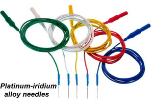 Five platinum iridium alloy needles with green, white, yellow, red, and blue lead-wires