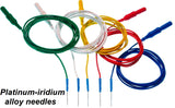 PLAT-5PK: Platinum-Iridium Needles (Set of 5; 0.5" needle, 1.5m wire) Five platinum iridium alloy needles with green, white, yellow, red, and blue lead-wires