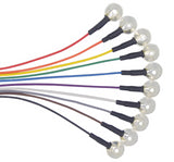 SH Series: Cast Pure Silver 10mm EEG Cups Pure silver EEG cups in red, orange, yellow, green, blue, purple, white, gray, brown, and black lead wires