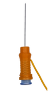 Close up of orange BIOX-25F (Fine) Hypodermic EMG Needle