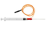 BIOX Hypodermic EMG Needle with syringe attached to red handle needle