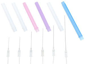 DTM Series of Monopolar Needle Electrodes with varying colors and lengths (purple, pink, green, gray, white)