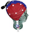 Red and blue EEG cap on glass head for medium/large size