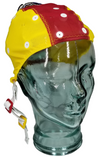 Medium small yellow and red EEG cap on glass head