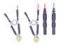 Silver ear clip electrodes in blue and red with touch proof safety socket 