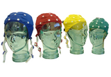 EEG Cap series on glass heads from size large in blue to medium in red to small in yellow and extra small in green
