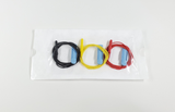 Sterile peel pouch of 3 aEEG needle electrodes with black, yellow, and red lead-wires
